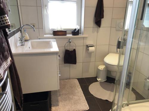 a bathroom with a sink and a toilet and a window at Witt-Dün in Tating