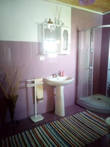 a pink bathroom with a sink and a shower at Pensiunea La Poarta Bucovinei in Suceava