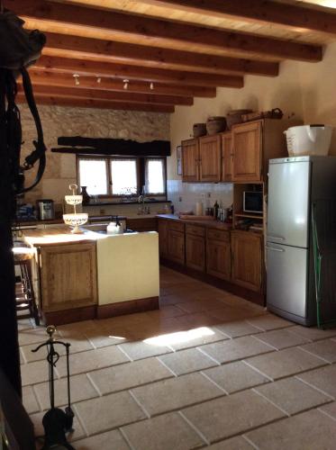 a kitchen with wooden cabinets and a refrigerator at L'écurie Gite in Saint-Pierre-de-Côle