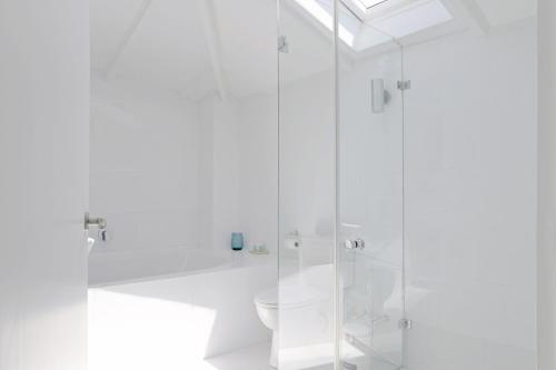 ein weißes Bad mit einer Dusche und einem WC in der Unterkunft No. 6 The Yard in Franschhoek
