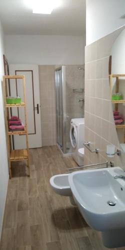 a bathroom with a sink and a shower and a toilet at casa zio Ubaldo Songavazzo in Rovetta