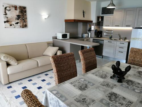a living room with a couch and a kitchen at Guillaumont Apartment in Juan-les-Pins