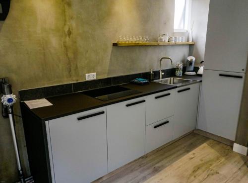 a small kitchen with white cabinets and a sink at Backyard in Alkmaar