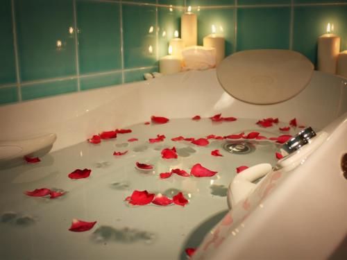 a bath tub filled with red rose petals at Bed And Breakfast 22 Garibaldi Home in Riccione