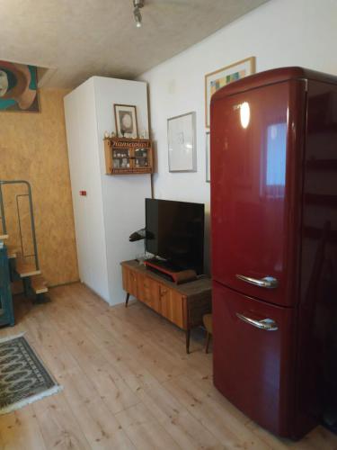 een woonkamer met een koelkast en een televisie bij Zentrales kleines Appartment in Klagenfurt