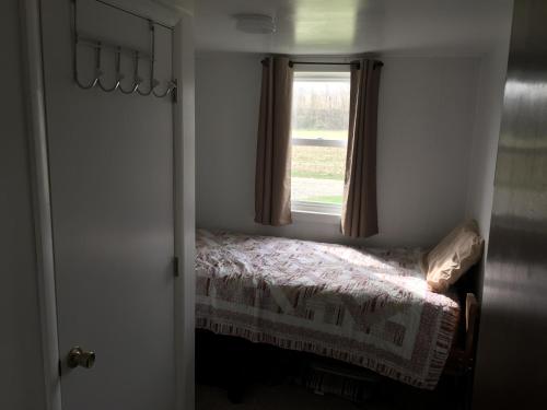 um pequeno quarto com uma cama e uma janela em Martin's River Cabin em Dresden