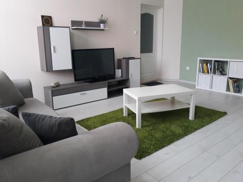 a living room with a couch and a table at HEMNES Apartman in Kaposvár