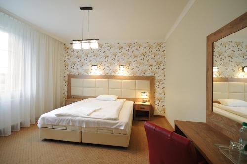 a bedroom with a large bed and a mirror at Dworek Eureka in Czechowice-Dziedzice