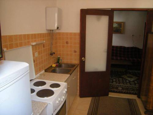 eine kleine Küche mit einer Spüle und einem Herd in der Unterkunft Apartment Stefano - Center, Ohrid in Ohrid