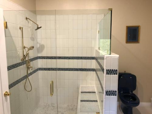 prysznic ze szklanymi drzwiami i toaletą w obiekcie The Castle Inn of the Lost Coast w mieście Shelter Cove