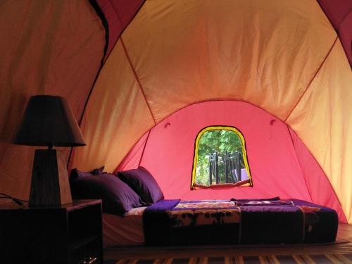 a bed in a pink tent with a window at Hiker's Camp at Toya Devasya in Kintamani