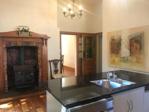a kitchen with a sink and a fireplace at 21morero in Taumarunui
