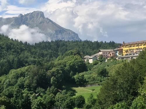 una casa en una colina con una montaña en el fondo en Appartamento Dalma Foresta, en Lavarone