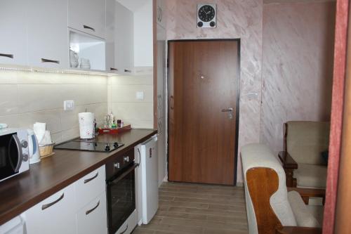 a kitchen with a counter and a wooden door at Apartments Kapisoda in Cetinje