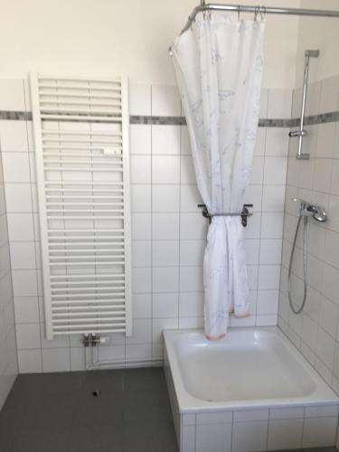 een witte badkamer met een bad en een douche bij Ferienwohnung Schleswig in Schleswig