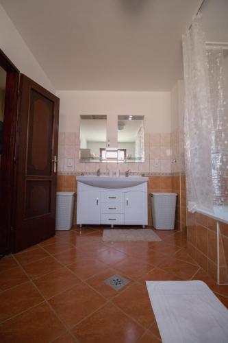 a bathroom with a sink and a large mirror at Barátkozó Vendégház in Szentantalfa
