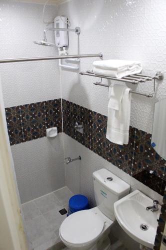 a bathroom with a shower and a toilet and a sink at Dignadice's Homestay in Coron