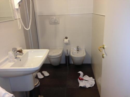 a bathroom with a sink and a toilet at Hotel Adler in Foppolo