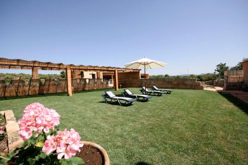 a group of chairs and an umbrella on a lawn at Finca Agroturismo Sa Cova den Borino in Campos