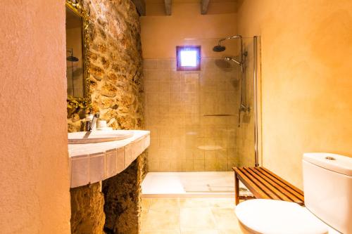 a bathroom with a sink and a shower and a toilet at Finca Agroturismo Sa Cova den Borino in Campos