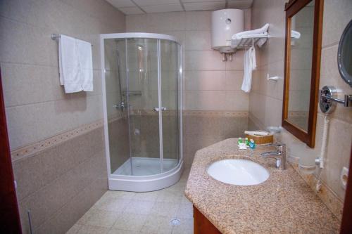 a bathroom with a sink, toilet and shower stall at Platan in Samarkand