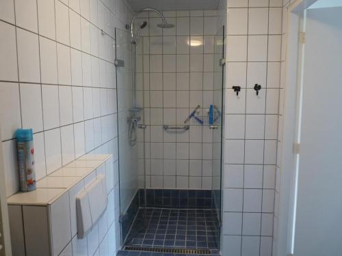 y baño con ducha de azulejos azules. en Buitengoed Het Achterdiep, en Ter Apel