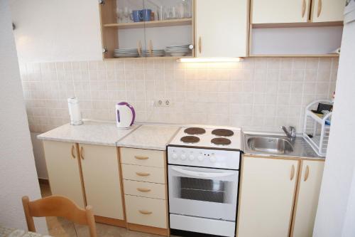 een kleine keuken met een fornuis en een wastafel bij Apartments Katarine Zrinske in Vodice