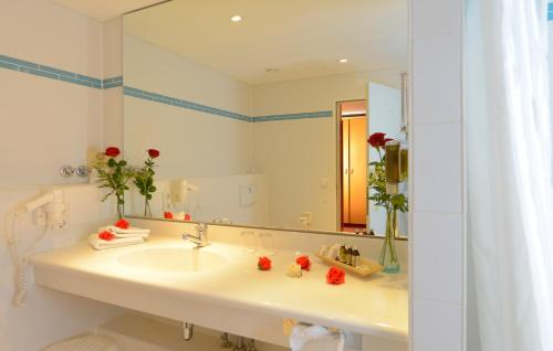 a bathroom with a sink and a mirror at Seehotel Grossherzog von Mecklenburg in Boltenhagen