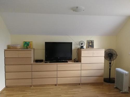 a flat screen tv sitting on top of a dresser at Peaceful, cosy cottage near Kolpa river in Gradac