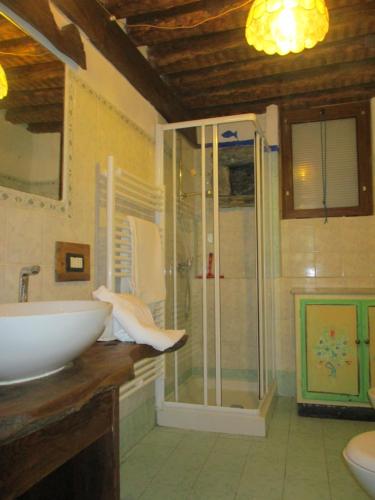 a bathroom with a glass shower and a sink at La Cascina d'Orleans in Saint-Pierre