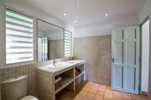 a bathroom with a sink and a toilet and a mirror at Dream Villa Anse Marcel 546 in Anse Marcel 