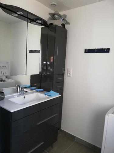 La salle de bains est pourvue d'un évier et d'un réfrigérateur noir. dans l'établissement GITE pour 4 personnes - proche des plages et GR 34, à Clohars-Carnoët