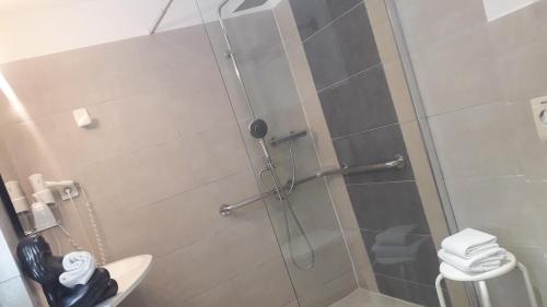 a bathroom with a shower with a glass door at Hotel De La Mer in Le Barcarès