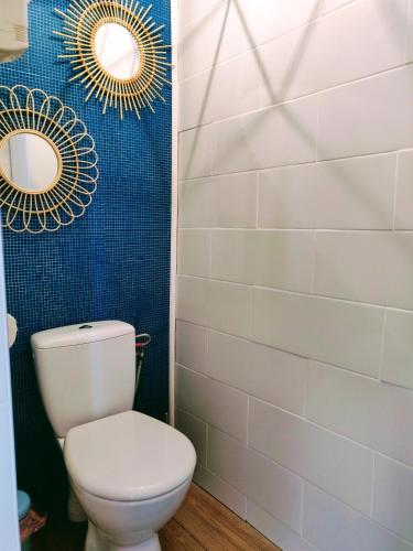 La salle de bains est pourvue de toilettes et de 2 miroirs sur le mur. dans l'établissement La Cabane de Didi, à Andernos-les-Bains