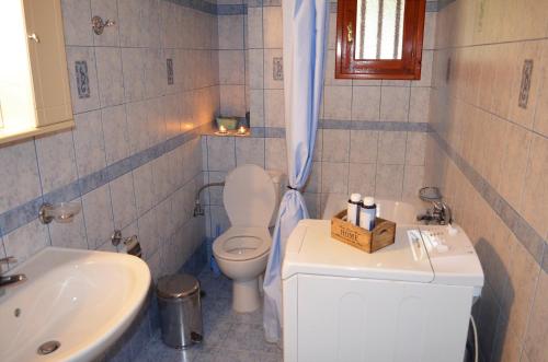 a small bathroom with a toilet and a sink at Ithaki House in Vathi