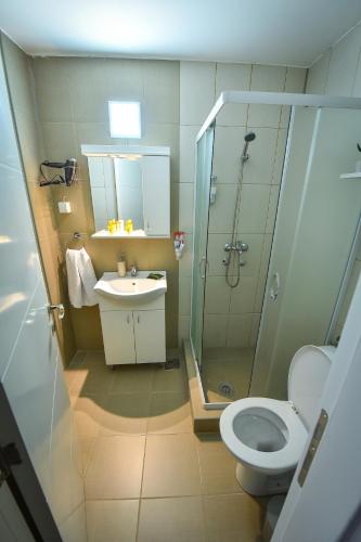 a bathroom with a shower and a toilet and a sink at Urban Apartment in Niš