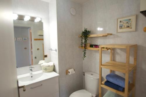 ein Badezimmer mit einem Waschbecken, einem WC und einem Spiegel in der Unterkunft Apartamento Els Vinyals in Estavar