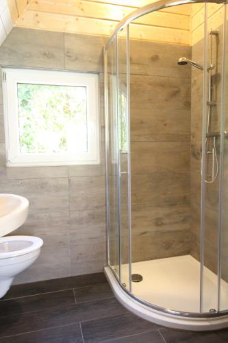 a bathroom with a shower with a toilet and a window at Luxe Eco Pod op Camping de Stal in Drijber