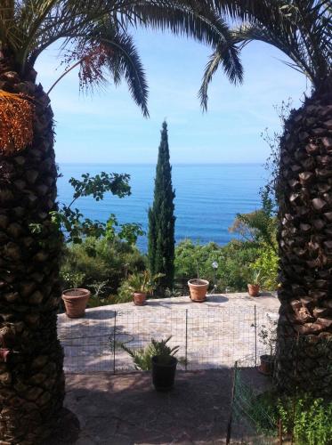 a view of the ocean from a garden through an archway at Villa Calamona in Acciaroli