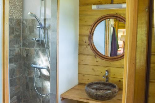 a bathroom with a stone sink and a mirror at Gite du Manial in Pointe-Noire
