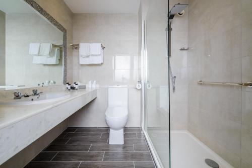a bathroom with a toilet and a glass shower at Killarney Dromhall Hotel in Killarney