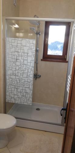 a bathroom with a shower and a toilet at EldoSport Hotel in Dospat