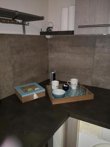 普羅旺斯艾克斯的住宿－studio hypercentre courteissade，厨房柜台,上面有两个盘子和杯子