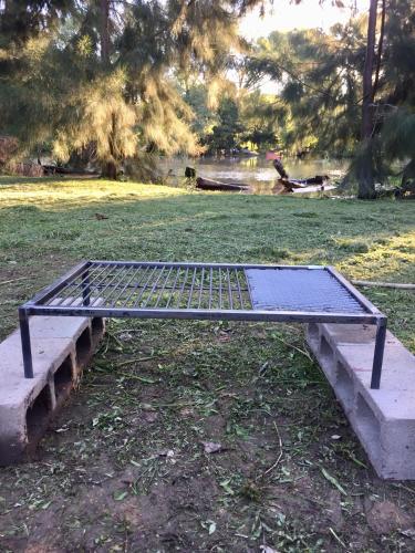 a metal bed in a field with trees in the background at Cabañas Isla San Jose in Tigre