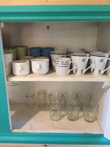 a shelf filled with cups and mason jars at Cabañas Isla San Jose in Tigre
