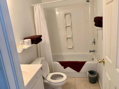 a bathroom with a toilet and a tub and a sink at Fundy Rocks Motel in Hopewell Cape