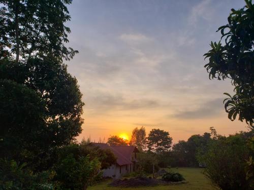 a house in a field with the sunset in the background at Hostal Pachamama in San Agustín