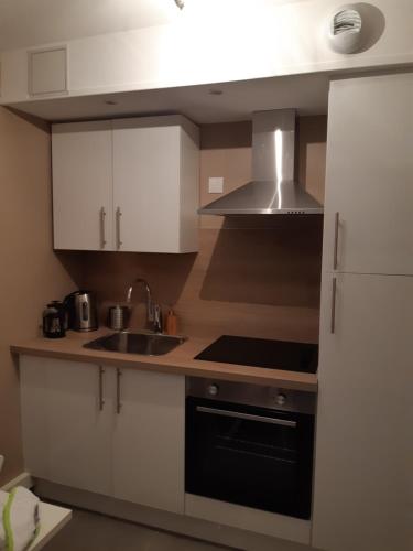 une cuisine avec des armoires blanches et un four à plaques de cuisson dans l'établissement ROUEN SWEET HOME 2, à Rouen