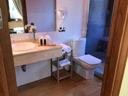 a bathroom with a sink and a toilet and a mirror at Hotel Rural El Pandal in Ardisana