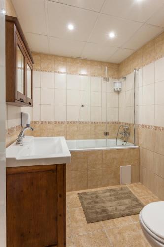 a bathroom with a sink and a tub and a toilet at Air-Conditioned Apartment Šancová - Old Town in Bratislava